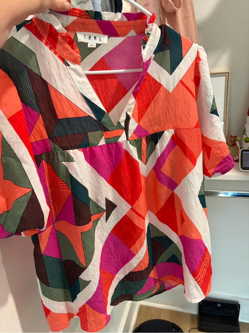 THML Multicolor Geometric V-Neck Blouse — Red, Pink & Green Accents